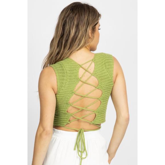 NEW POLAGRAM knit cross-tie back crop top in pistachio green - Picture 6 of 7